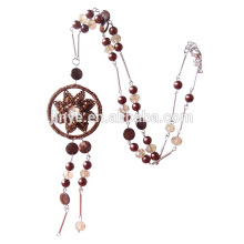 Fashion Long Brown Crochet Flower Crystal Shell Beaded Necklace